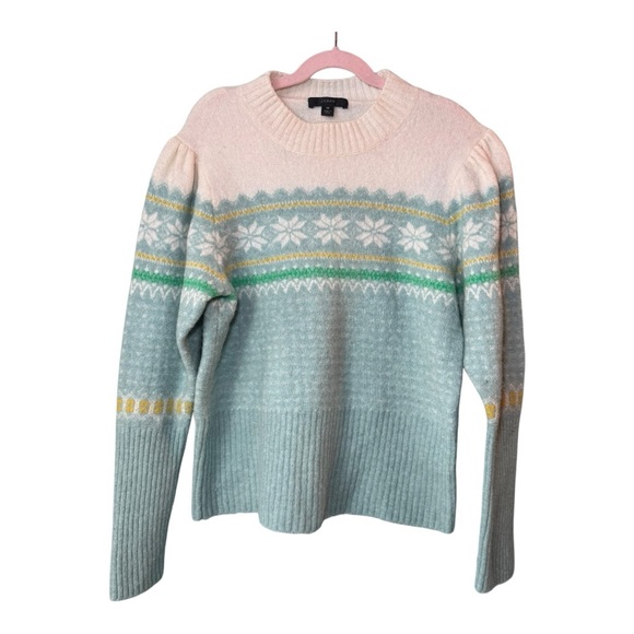 J. CREW Fair Isle Puff Sleeve Crew Neck Merino Wool Blend Sweater M - Picture 3 of 10